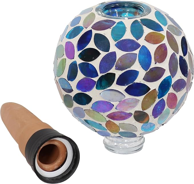 Sunnydaze Mosaic Glass Plant Watering Globe with Clay Spike - Decorative Self-Watering Planter Insert - Water Dripper for Plants - 9.5" - Spring Petals