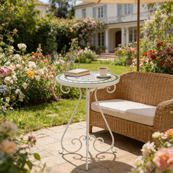 Outdoor Side Table & Mosaic Ceramic Plant Stand, 14" Metal Round End Table for Garden Home Patio Yard Porch Patio Decor Weather Resistant Outside Accent End Furniture (Flower#4)