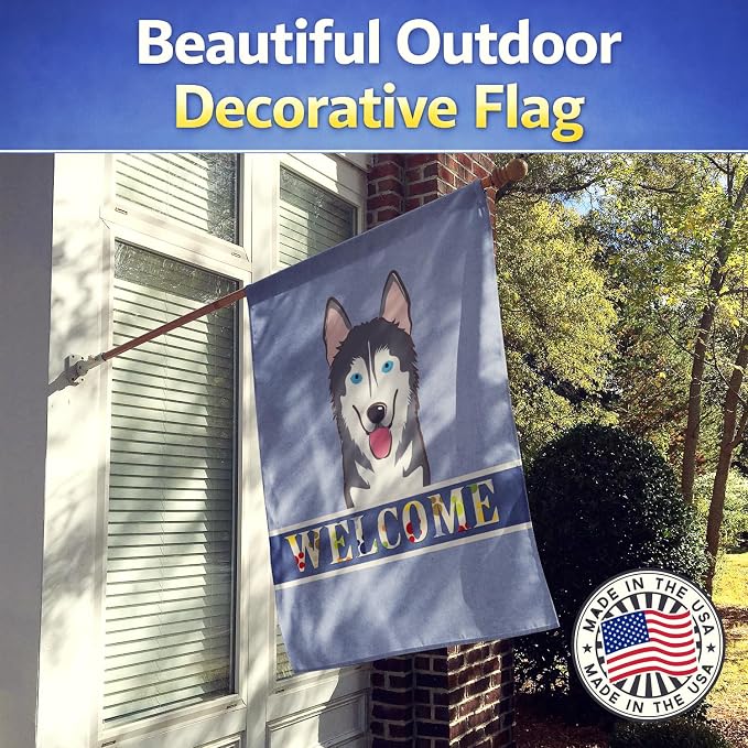 Caroline's Treasures BB1404CHF Alaskan Malamute Welcome House Flag, Blue Large Porch Sleeve Pole Decorative Outside Yard Banner Artwork Wall Hanging, Polyester, House Size, Multicolor