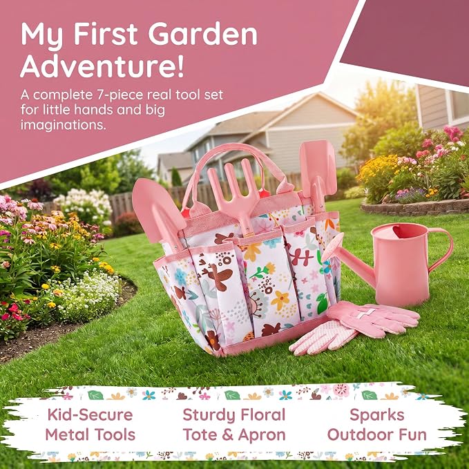 Ecolley Kids Gardening Tool Set Toys - 7 Pieces Quality Garden Kit for Toddlers & Kids with Shovels, Rake, Watering Can, Apron, Gloves & Storage Bag (Pink Flower)