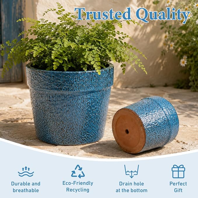Ceramic Planters Set of 3, 15/12/9 Inch Indoor & Outdoor Large Plant Pots with Drainage Hole, Handmade Speckled Glaze Decorative Flower Pots for Indoor Plants, Patio & Garden, Antique Blue