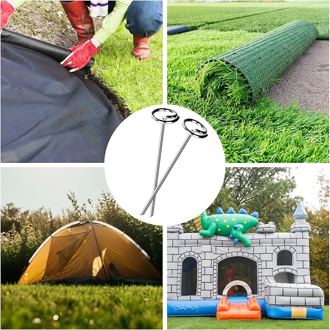 FEED GARDEN Heavy Duty Landscape Fabric Pins 8 Gauge 60 Pack with Pick Hook, 6 Inch Galvanized Round Head Garden Stakes for Weed Barrier Fabric, Turf, Sod, Tent, Garden Edging & Hard Soil