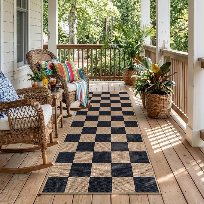 Lahome Colette Checkered Easy Jute Runner Rug, 2x6 Kitchen Runner Rug Non Slip Washable Outdoor Carpet for Entryway Indoor, Checkerboard Black Indoor Outdoor Carpet Runners for Hallway 6ft Entry
