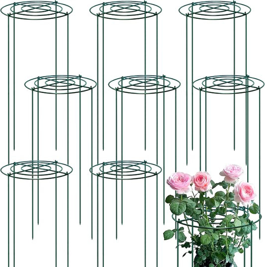 8 Sets Peony Support Cage,14"Diax32"High Heavy Duty Metal Plant Support,Grow Through Hoops Grids with 4 Thickened 5mm Legs,Strong Support Brace for Heavy Blossoms,Flower Support Ring for Peonies,Rose