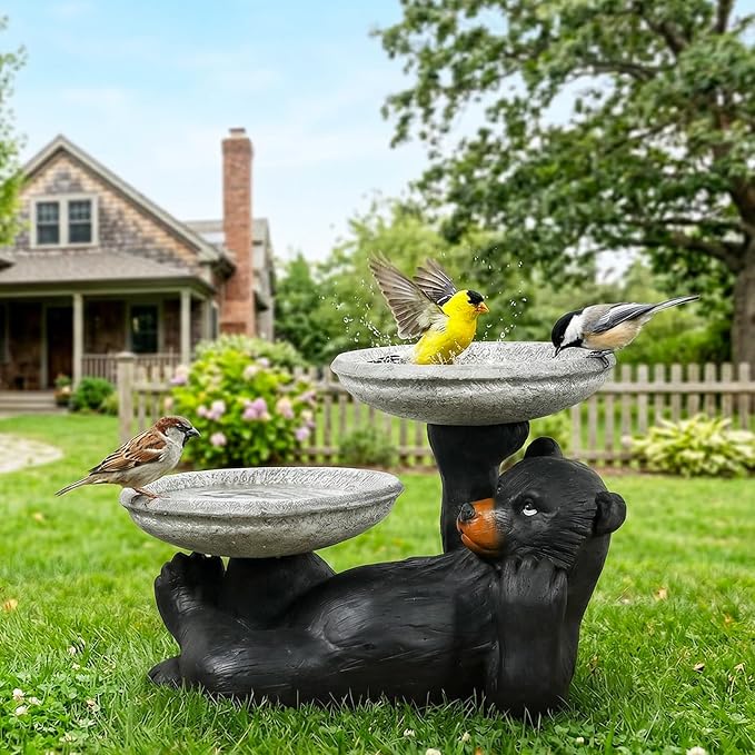 SunJet 18" Fibre Reinforced Concrete Outdoor Birdbath, 2-Tier Black Bear Bird Bath & Bird Feeder, Bird Bath Garden Decor with Dual Basins for Patio, Backyard, Lawn