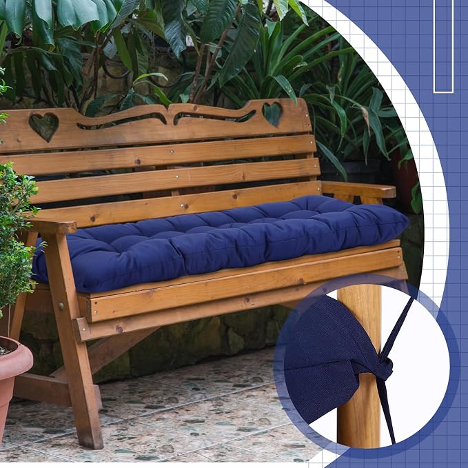 Wenqik Outdoor Bench Cushion 59 x 18 x 5 Inch Waterproof Patio Swing Cushion with Removable Zippered Cover Adjustable Ties Seat Pad for Porch Bench Garden Loveseat(Navy Blue,Grid Pattern)