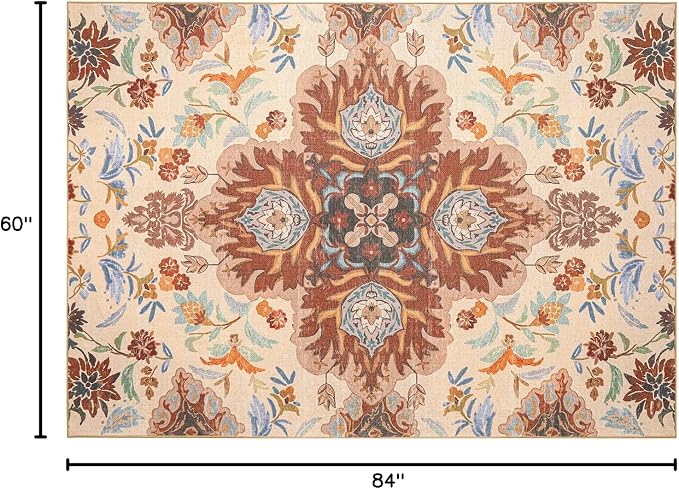 Phantoscope Washable Area Rug 5'x7' Non-Slip, Vintage Boho Rugs for Living Room, Bedroom, Dining Room, Fall Orange Floral Medallion Pattern, Low-Pile Foldable Floor Carpet, Rust/Multi Floral