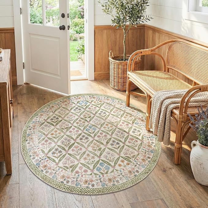 jinchan Round Rug 5ft Vintage Floral Washable Circle Area Rug, Sage Green | Soft & Lightweight, Checkered Floral, Low Pile, Non Slip, Bedroom, Living Room, Entryway, Girls Room, Reading Nook
