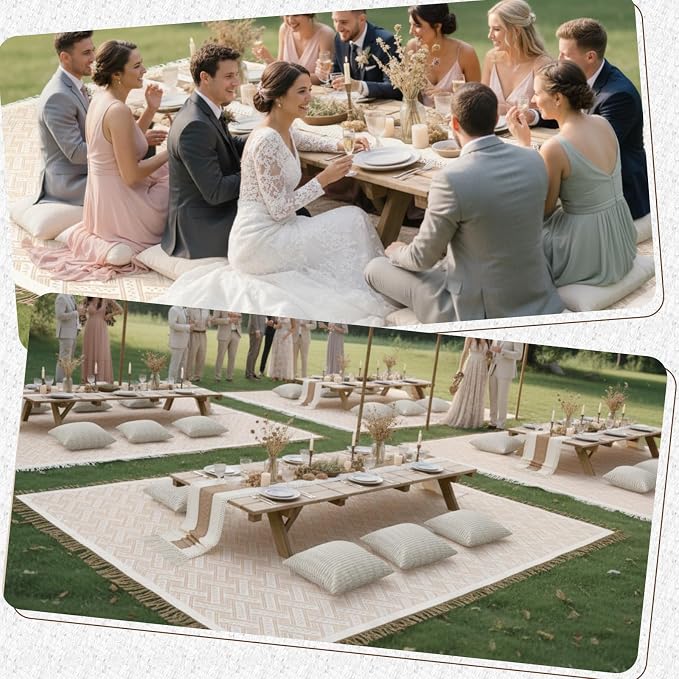 Beeveer Extra Large Outdoor Boho Picnic Blanket 181'' x 71'' Beige White Table Runner 6 Throw Pillow Cover Woven Cotton Yarn Oversize Beach Blanket Washable for Picnic Camp Wedding