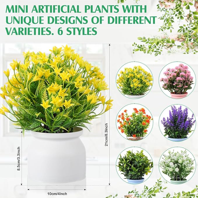Cindeer 6 Pcs Large Artificial Potted Flowers Fake Potted Plants Plastic Faux Flowers for Home Decor Indoor Artificial Plants in Pots for Wedding Home Desk Tabletop Outdoor Office Kitchen (Fresh)