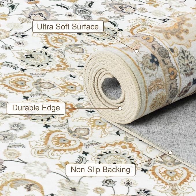 4x6 Area Rugs Living Room: Washable Vintage Rug for Bedroom Beige | Boho No Slip Stain Resistant Rug Soft Indoor Decor Floor Floral 4x6 Area Rugs for Dining Room, Nursery, Hallway, Home Office