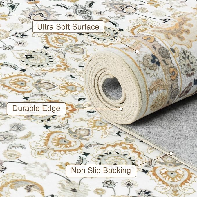 9x12 Area Rugs Living Room: Washable Vintage Rug for Bedroom Beige | Vintage No Slip Stain Resistant Rug Soft Indoor Decor Floor Floral Area Rugs for Dining Room, Nursery, Hallway, Home Office
