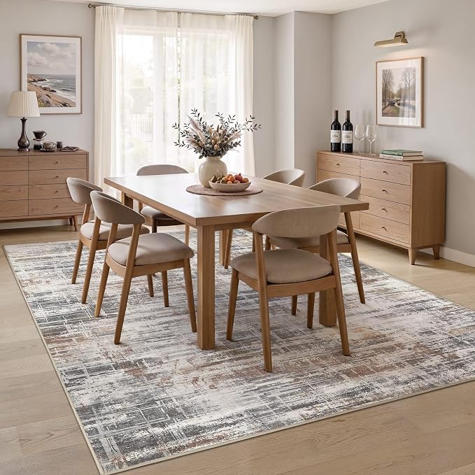 UERMEI 6x9 Area Rug for Living Room Washable Abstract Grey/Rust/Brown | Low Pile Non-Slip Soft Neutral Modern Carpet Kid Pet Friendly Large Rugs For Bedroom Dining Room Nursery Office Indoor Decor