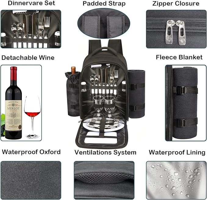 Hap Tim Picnic Backpack for 2 Person with Insulated Cooler Compartment,Wine Holder,Fleece Blanket,Cutlery Set, Engagement Gifts for Couples, Dark Grey（3065-DG）