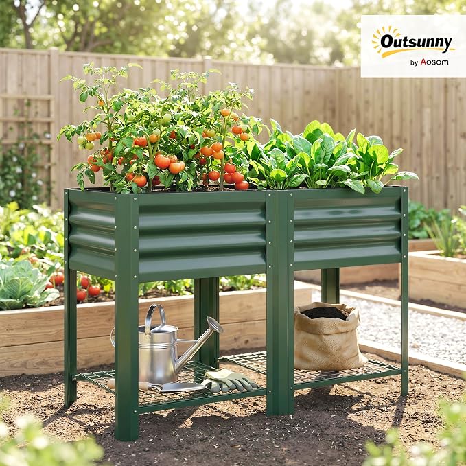 Outsunny Galvanized Steel Raised Garden Bed with Storage Shelf and Bed Liner, Elevated Planter Box with Legs for Flowers, Vegetables, and Herbs, for Outdoor Patio Yard, Glove Included, Green
