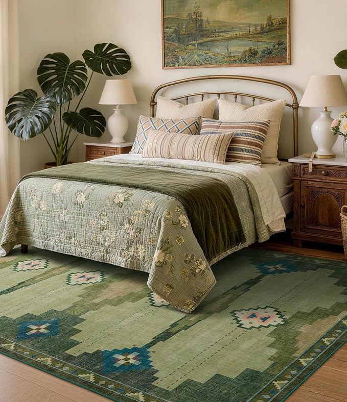 9’x12’ Washable Green Mid Century Modern Area Rug for Living Room | Soft, Non-Slip, Low Pile, Funky Retro Aztec Large Rug for Bedroom Dining Room Playroom, Green