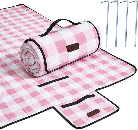 HX&OD Outdoor Picnic Blanket, Extra Large, 80''x80'' Waterproof Foldable Blankets Gingham Picnic Mat for Beach, Camping Grass Lawn Park Accessories Cute Couple Ideas Wedding (Pink, 80”x80”)