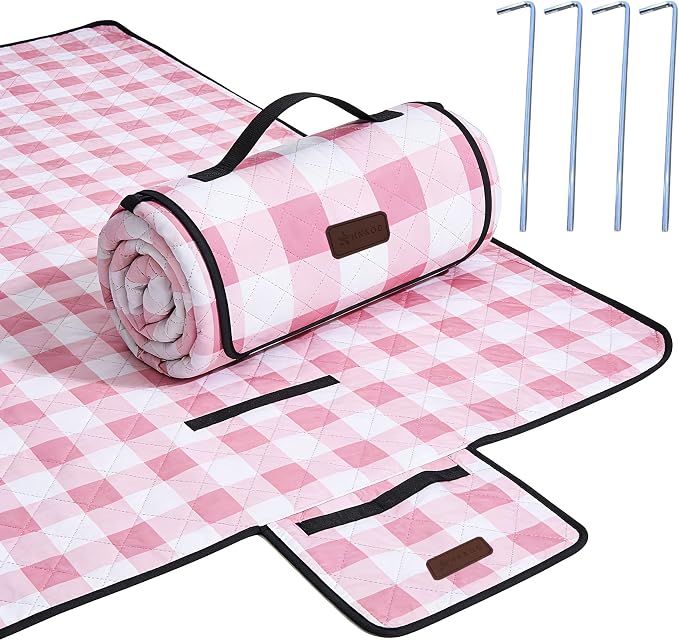 HX&OD Outdoor Picnic Blanket, Extra Large, 80''x60'' Waterproof Foldable Blankets Gingham Picnic Mat for Beach, Camping Grass Lawn Park Accessories Cute Couple Ideas Wedding (Pink, 80”x60”)