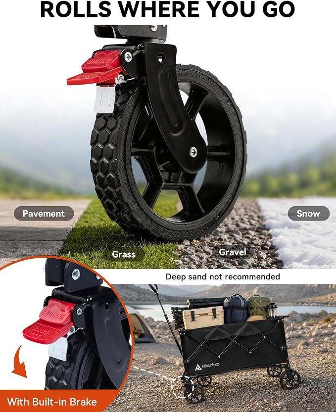 Hikenture Wagons Carts Foldable 330LBS, Heavy Duty Collapsible Wagon | Utility Wagon for Grocery, Garden, Camping & Sports Gear; One-Hand Fold; 360-Degree Wheels; Built-In Wheel Brake
