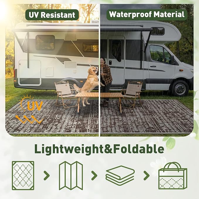 MontVoo Outdoor Rug Waterproof-Patio Rug Mat 6x9 Outdoor RV Camping Picnic Beach Mat Plastic Straw Rugs Outside Outdoor Area Rugs for Balcony Deck Backyard Brown