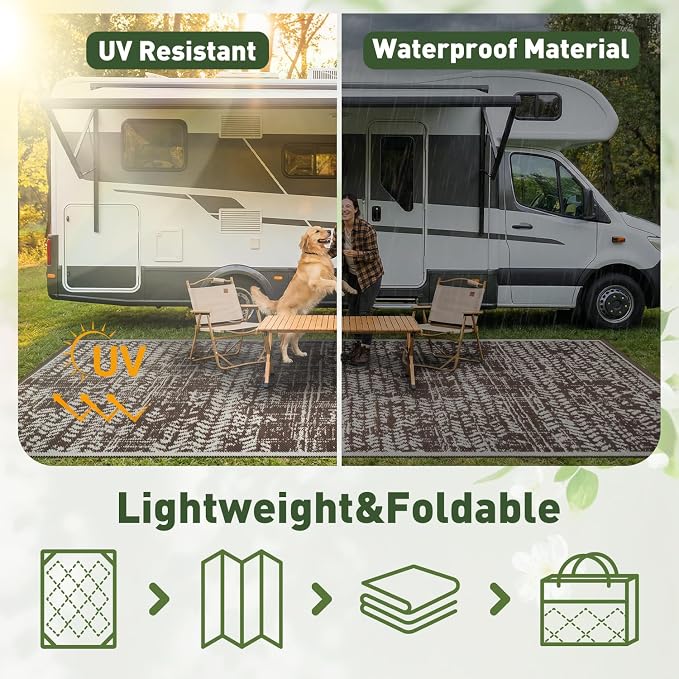 MontVoo Outdoor Rug 8x10 Waterproof-Patio Rug Mat Outdoor RV Camping Picnic Beach Mat Plastic Straw Rugs Outside Outdoor Area Rugs for Balcony Deck Backyard Brown