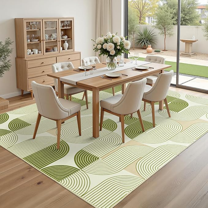 Washable Area Rugs for Bedroom Living Room 4x6 ft, Non-Slip Modern Rug | Stain Resistant, Low Pile, Soft Carpet Indoor Floor Boho Carpet for Kitchen Front Door Entrance Office Kids Room, Green