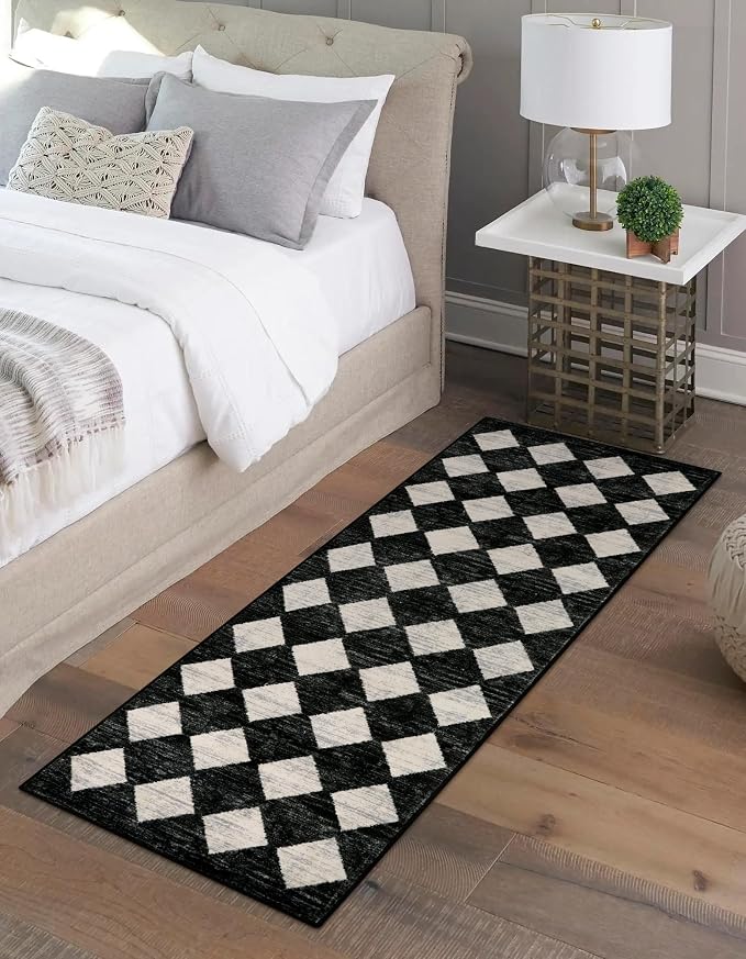 Checkered Kitchen Runner Rug 2x6 Black, Non Slip Washable Hallway Bathroom