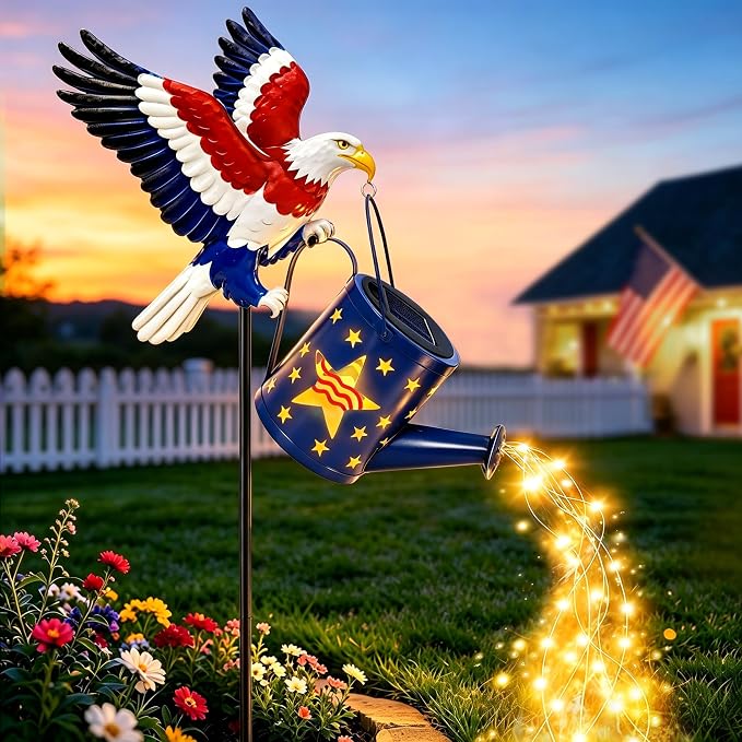 4th of July Decorations Outdoor Solar Eagle Watering Can Lights, 36 LED Solar Lights Outdoor Decorative Waterproof Metal Patriotic Garden Decor for Memorial Yard Art Patio