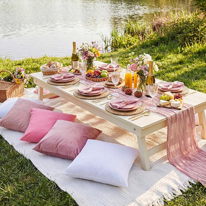 Yuntau Large Outdoor Boho Picnic Blanket with Table Runner 8 Pink White Red Pillows Covers No Pillow Summer Picnic Decor for Camp Birthday Party Bridal Shower Outdoor Backyard Garden(Pink)