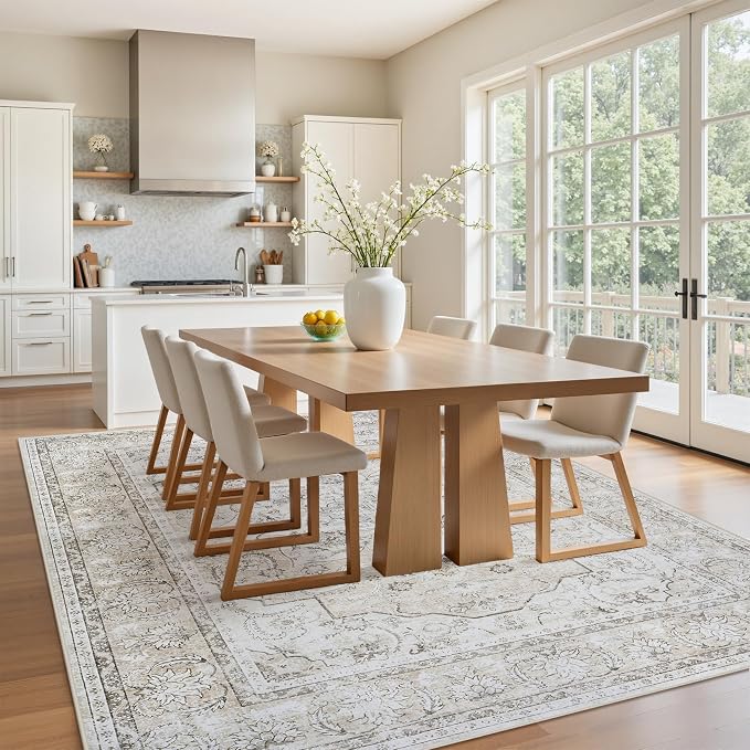 6x9 Washable Area Rugs for Living Room Beige White Non-Slip Rug | Vintage Medallion Rug，Soft Low Pile Large Rugs，Indoor Retro Carpet for Bedroom Nursery Dining Table Farmhouse Home Office
