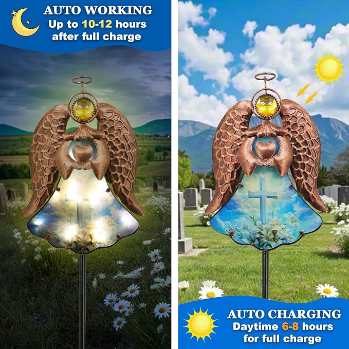 Solar Angel Garden Stake Light 32in, Iron Outdoor Decor with LED Cross Glass, Waterproof Memorial Yard Art, Easy Assembly Pathway Lighting for Patio Lawn