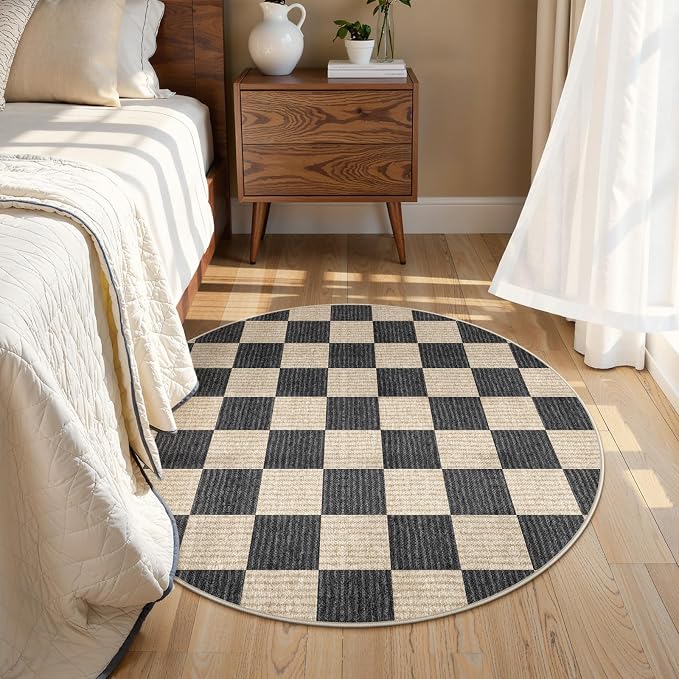 LIVEBOX Checkered Round Rug 4 Ft Washable Area Rug for Playroom Classroom, Kids Non-Slip Neutral Classic Circle Rug Geometric Carpet Soft Boys Nursery Rug for Dorm Bedroom(Black,120R)