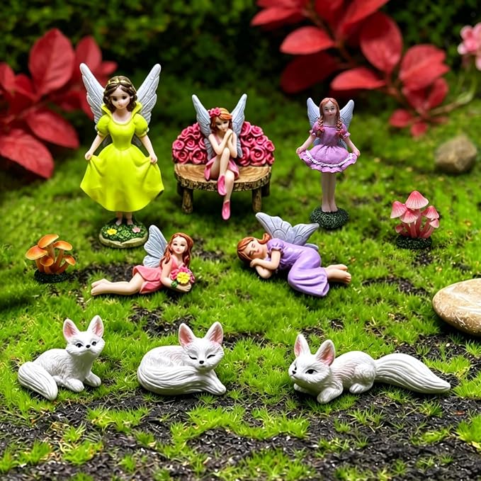 11 Pcs Mini Fairy Garden Accessories Set, Includes Resin Fairy Figurines, Cute Small Mushrooms, Benches and White Fox Statues. Perfect for Diy Miniature Landscape Decorations and Home Garden Decor