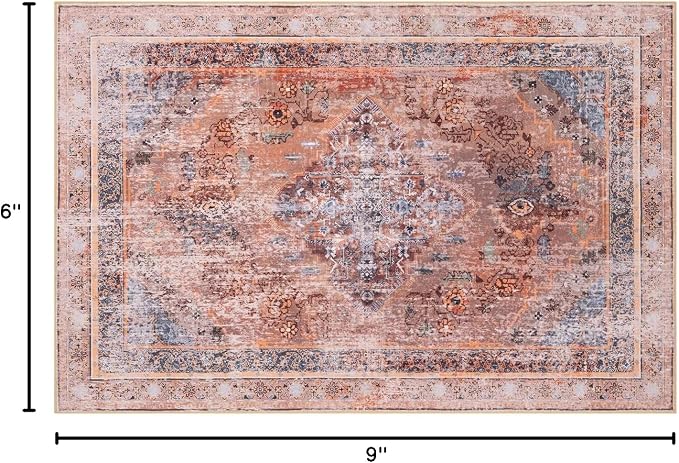Phantoscope Washable Area Rug 6'x9' Non-Slip, Vintage Neutral Fall Rugs for Living Room, Bedroom, Dining Room, Distressed Boho Medallion Pattern, Low-Pile Foldable Floor Carpet, Rust Orange