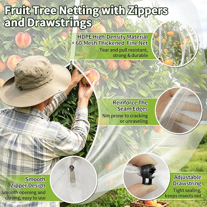 11.8×11.8FT Fruit Tree Netting with Zipper and Drawstring, Heavy Duty Garden Mesh Cover, Reusable Plant Protection Netting Against Birds, Squirrels, Cicadas and Insects
