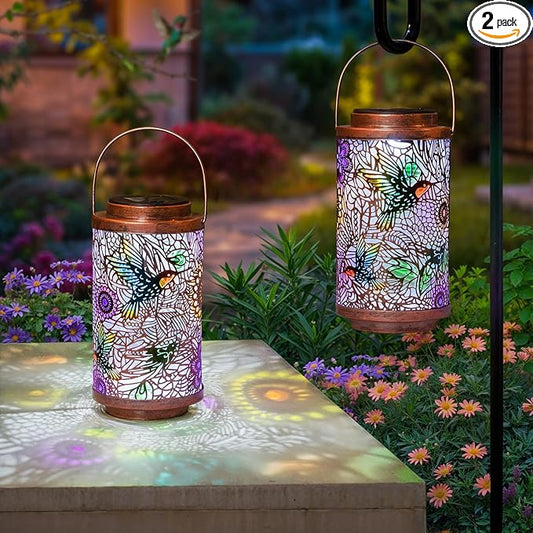 2Pack Solar Lanterns Outdoor Waterproof Hummingbird Garden Gifts for Mom, Multicolor Solar Lights Lantern for Backyard Garden, Pathway, Outside, Mothers' Day Gifts for Women Grandma