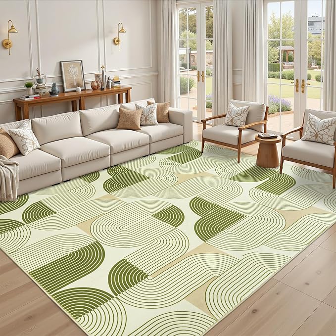 9'x12' Area Rug for Living Room, Washable Modern Abstract Soft Carpet | Low Pile, Indoor Floor Non Slip Stain Resistant Large Carpet for Bedroom Dining Room Farmhouse Nursery Home Office, Green