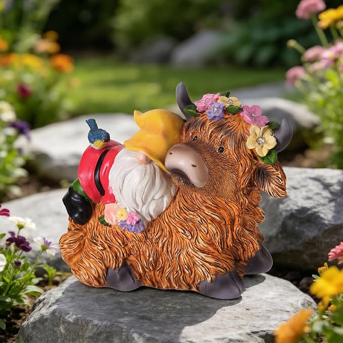 Highland Cow Gnome Statue, Highland Cow Gnomes Garden with LED Lights and Bird, Solar Garden Statues for Yard, Patio, Balcony, Lawn Ornaments Figurines Gifts for Women, Mom