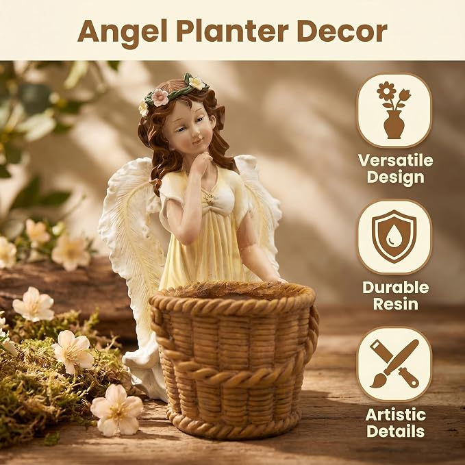 Garden Angel Planter, 11.8 inch Decorative Resin Fairy Flower Pot, Hand Painted Outdoor Patio Figurine