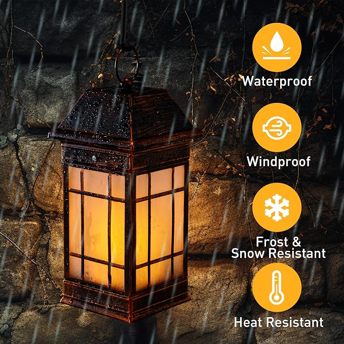 15.5" Solar Lantern Outdoor Waterproof, Glass Flickering Flame Solar Lanterns, Hanging Metal Lantern Decorative for Patio Front Porch Garden Backyard Tabletop Party Decoration