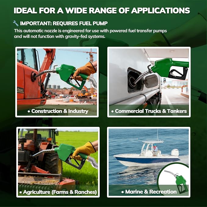 3/4" Green NPT Fuel Transfer Nozzle Kit, High Flow Auto Shut-Off Fuel Nozzle with 360° Hose Swivel, Suitable for Diesel, Gasoline, Kerosene (13/16" Spout, 3 Gear Padlock, 16 GPM)