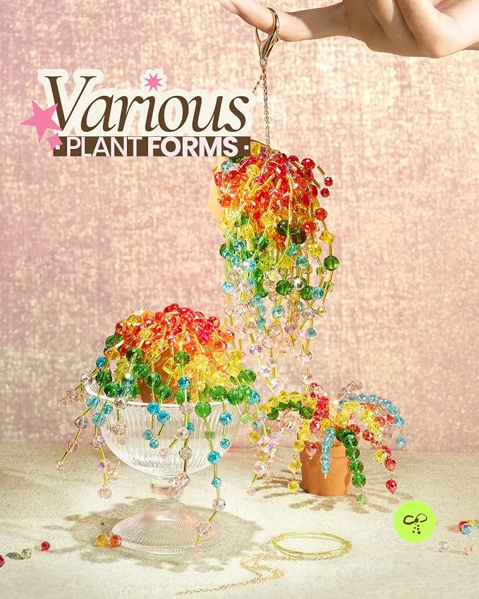 Beaded Plant Kit, Real Crystal Suncatcher Craft Kit with Tutorials | Suncatcher Craft Kit with Pot, Chain, Faux Moss, Air Dry Clay, Instruction Booklet & Video Tutorial