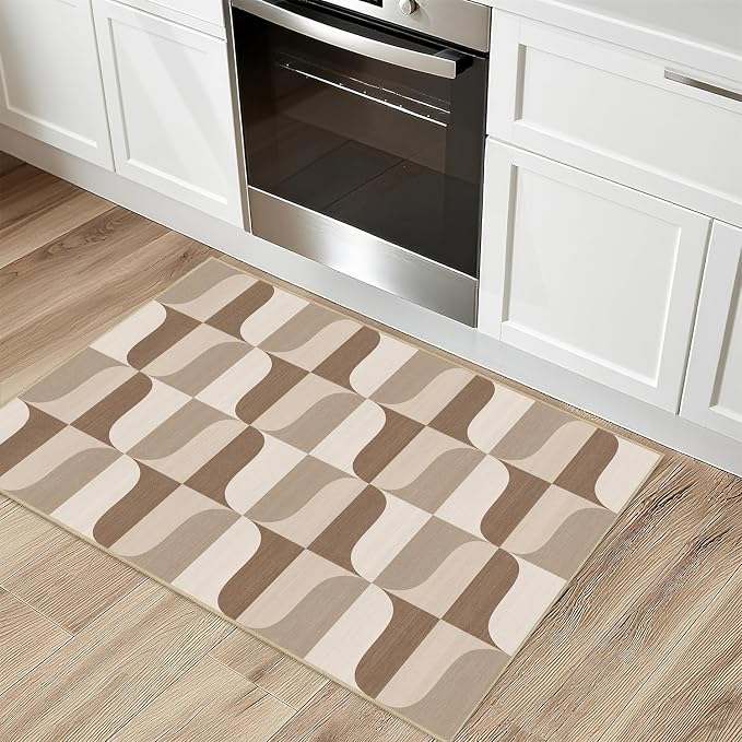 Modern Geometric 2x3 Rug for Entryway Neutral Beige Brown Abstract Mid Century Modern Area Rug Machine Washable Door Mat Small Rugs Non-Slip Printed Low-Pile Floor Carpet for Bathroom Kitchen Laundry