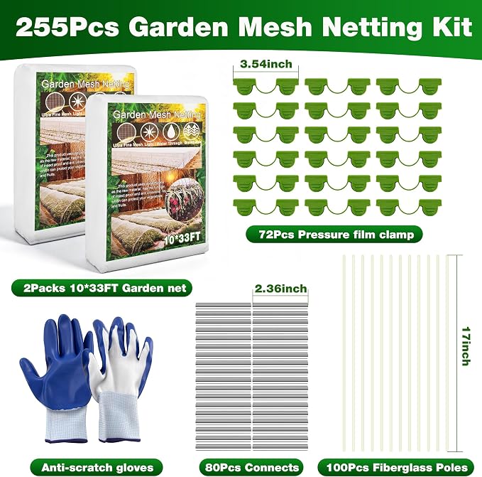Garden Mesh Netting Kit, 2 Pieces 10x33FT Netting, 100 Hoops 80 Connectors 72 Clips 1 Pair Gloves, Protection for Plant Vegetable Fruits Flowers Greenhouse