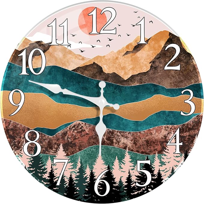 Britimes Round Wall Clock Silent Non-Ticking Battery Operated Outdoor Waterproof Glass Clock 12 Inch, Sunrise Mountain Forest Home Decor for Living Room, Kitchen, Bathroom, Bedroom, and Office