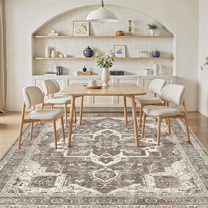 Vintage Washable 5x7 Area Rug for Living Room, Brown | Soft Low Pile Rug with Non-Slip Backing, Stain Resistant for Bedroom or Dining Room, Kid & Pet Friendly
