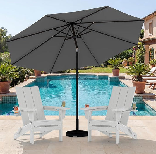 SERWALL Modern Folding Adirondack Chair Set with 9 Ft Umbrella, Folable Adirondack Chairs Set of 2 with Cup Holders, HDPE Fire Pit Chairs for Patio Lawn Garden, White (Umbrella Base is not Included)