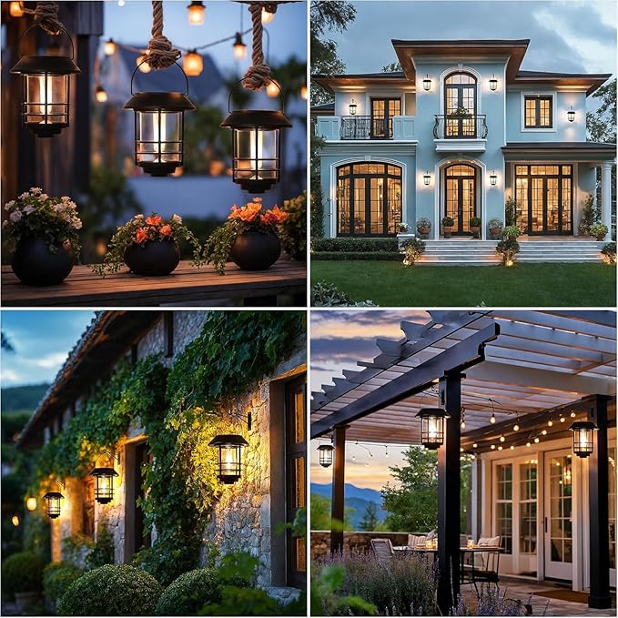 Otdair Solar Lanterns Outdoor Waterproof 2 Pack, Auto On/Off Hanging Solar Lights for Outside with Wall Mount, Outdoor Lighting Outdoor Decorative for Wall, Front Porch, Yard, Garden, Fence