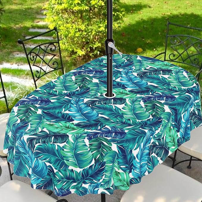 Outdoor Tablecloth with Umbrella Hole and Zipper, Oval Patio Table Covers for Spring/Summer, Machine Washable Outdoor Picnic Table Cloth (Palm Leaves, 60" × 120" Oval)