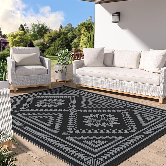 GENIMO Outdoor Rug for Patio Clearance - 8x10 ft Waterproof Plastic Camping Rugs, Reversible Outside Rv Mat Carpet for Porch, Deck, Picnic, Balcony, Beach, Backyard, Black Grey